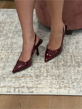 Patent Pointed-Toe Slingback Heels in Wine